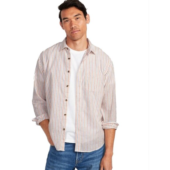 Old Navy Regular Fit Everyday Linen Blend Striped Shirt Size L - Picture 1 of 16